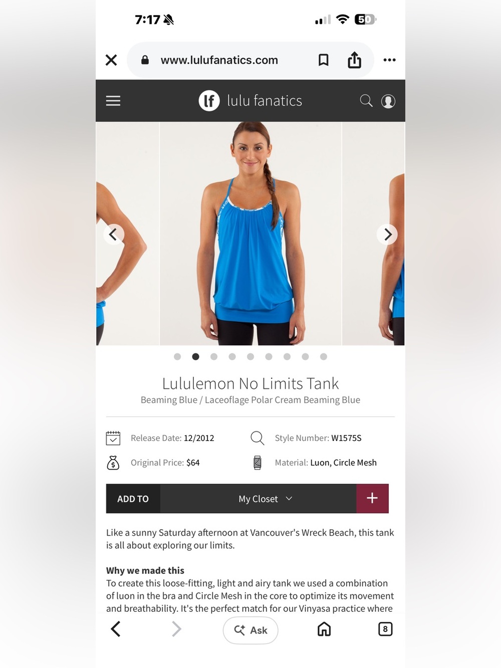 Woman’s size 6 lululemon athletica No Limits Tank - Beaming Blue
